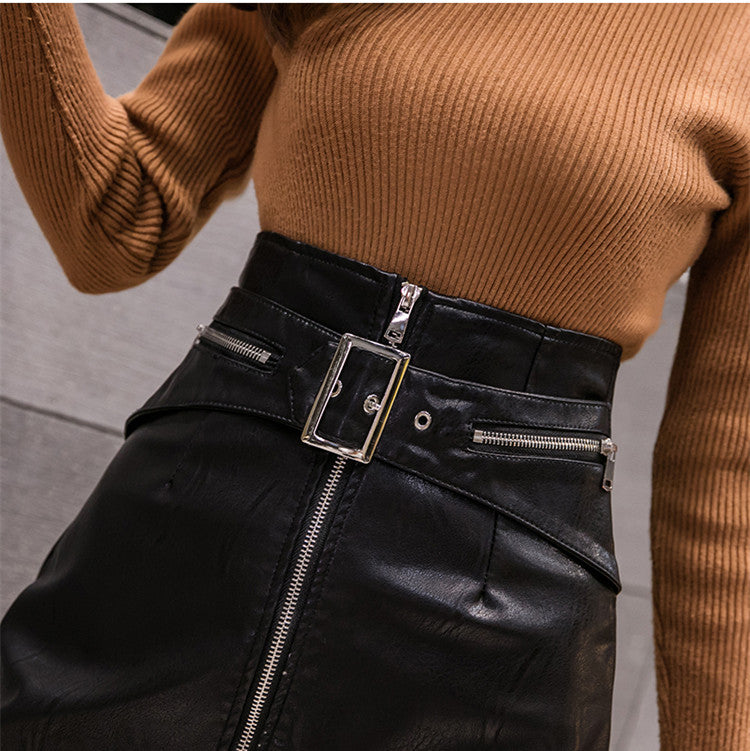 PU Leather A Line Skirt Women Belt Zipper High Waist Women's Mini Skirts Black 2023 Autumn Fashion Streetwear Bottoms Female
