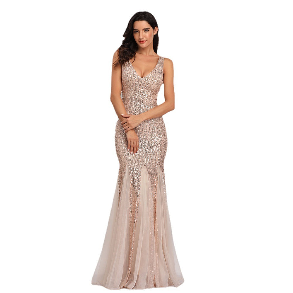 2024 Sequin Stitching Mesh Mermaid Plus Size Evening Gown Double V Neck Sleeveless Hot Selling Bridesmaid Elastic Gown