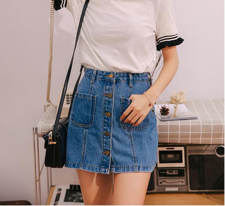 Denim Skirt High Waist A-line Mini Skirts Women 2020 Summer New Arrivals Single Button Pockets Blue Jean Skirt Style Saia Jeans