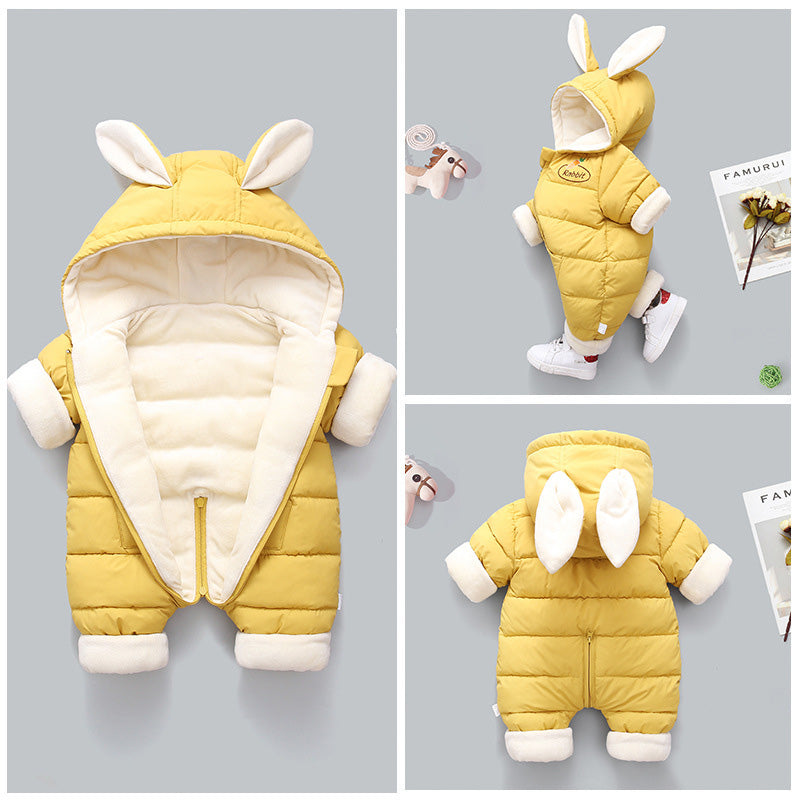 Autumn Winter Overall For Children Infant Down Cotton Thickened Clothes Hooded Cartoon Baby Boys Girls Jumpsuit Baby Romper