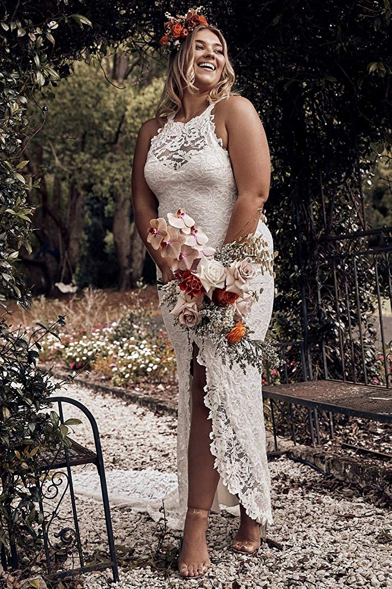 Mermaid high neck bridal wedding dress, lace sleeveless prom dress, lower skirt slit, tail, women's dress
