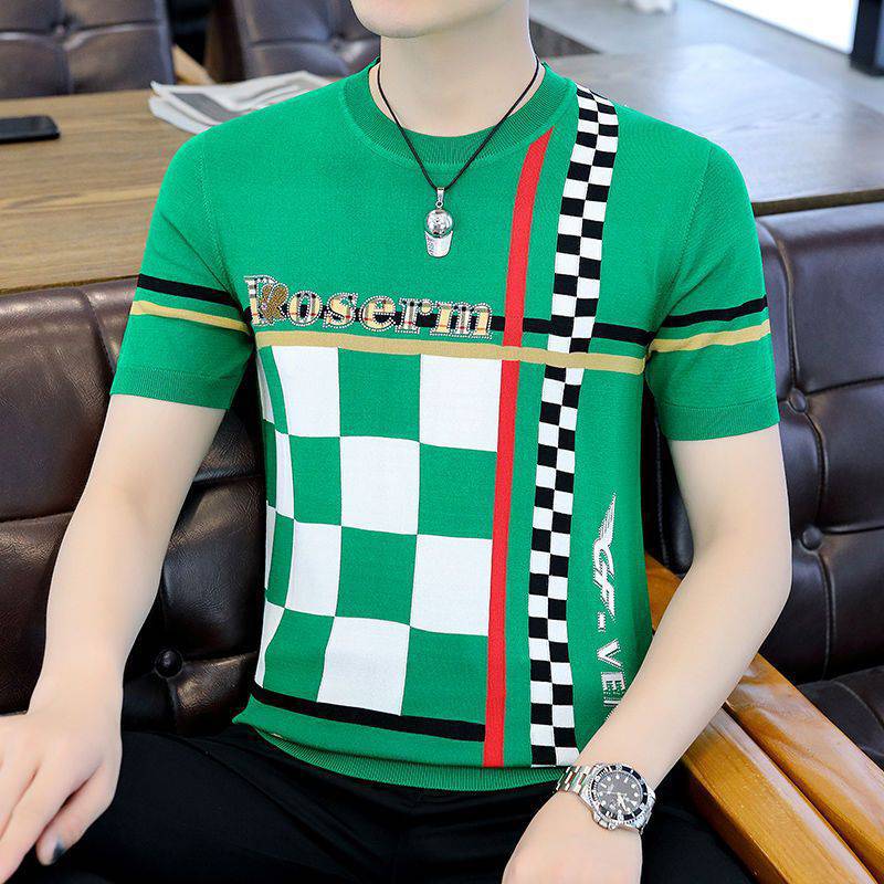 Men's Knitted Crewneck Ice Silk Short-sleeved T-shirt Summer Korean Style Fashion Plaid Knitted Trendy Half-sleeved Slim-fit T-shirt for Men