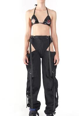 Women Black High Waist Pencil Pants Pockets Patckwork Hollow Out Pants Fashion Women Streetwear Cargo Pants Women Pants