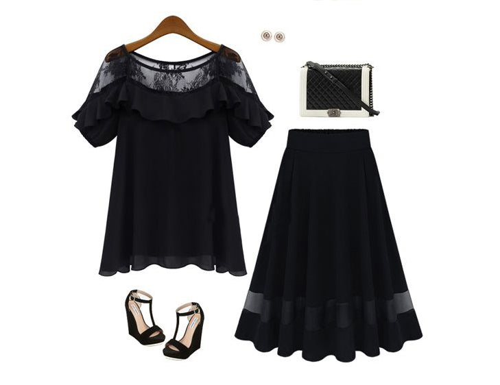 USA SIZE Women's large size chiffon shirt loose hollow sexy short-sleeved shirt shirt
