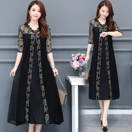 Temperament dress loose five-point sleeves lace women's large size large swing long skirt