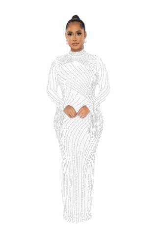 Women's Mesh See-through Rhinestone Long Sleeve Dress Lining Two-piece Set