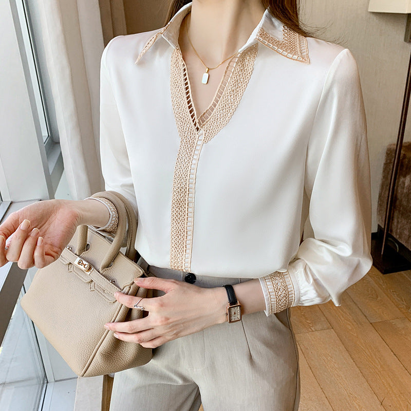 Real shot of 2023 autumn new French elegant V-neck lapel commuter style top shirt