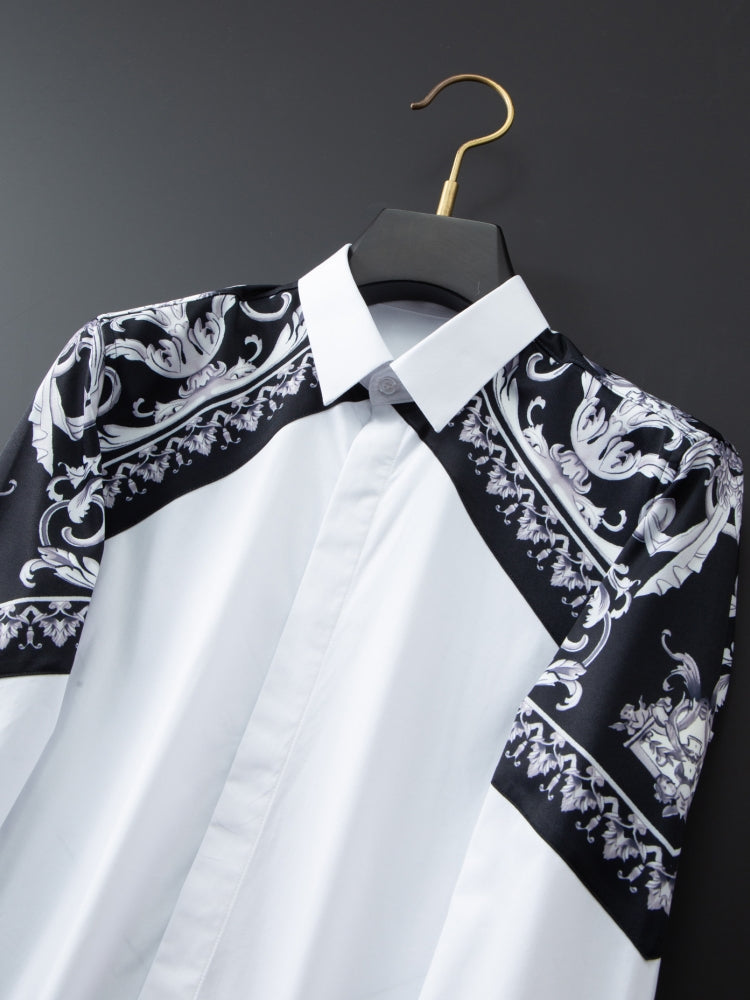 Luxury Palace Style Patchwork Shirt for Men Long Sleeve Casual Business Dress Shirts Slim Streetwear Social Party Banquet Blouse
