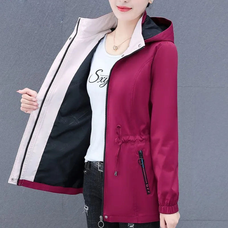 Spring Autumn Female Windbreaker New Solid Hooded Zipper Mid Length Velvet Winter Jacket Coat Women Outerwear Gabardina Mujer