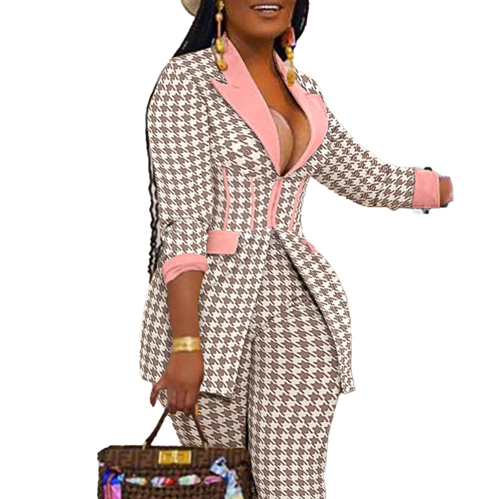 Plus Size Houndstooth Blazer Pants Set Women Pants Blazers Tops Pencil Pants Two-Piece Office Lady Fashion Outfits Autumn
