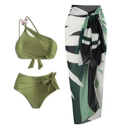 WOLFF - One-shoulder 3-piece bikini set with pearl embellishment