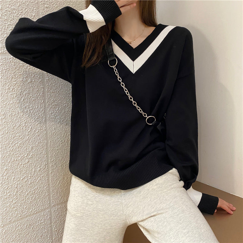 Sweater women's loose outer wear pullover, sweater women's loose outer wear pullover lazy style student ins forest style long sleeve V-neck contrast color all-match knitted autumn and winter, all-match knitted