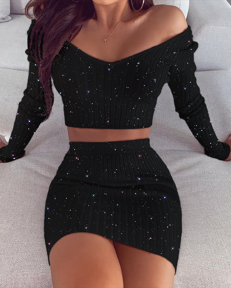 Wepbel Summer 2 Piece Sets Outfits Long Sleeve Tops Off Shoulder Tshirts Tops Skinny Skirts Gold Dress Sets Women Pencil Skirts