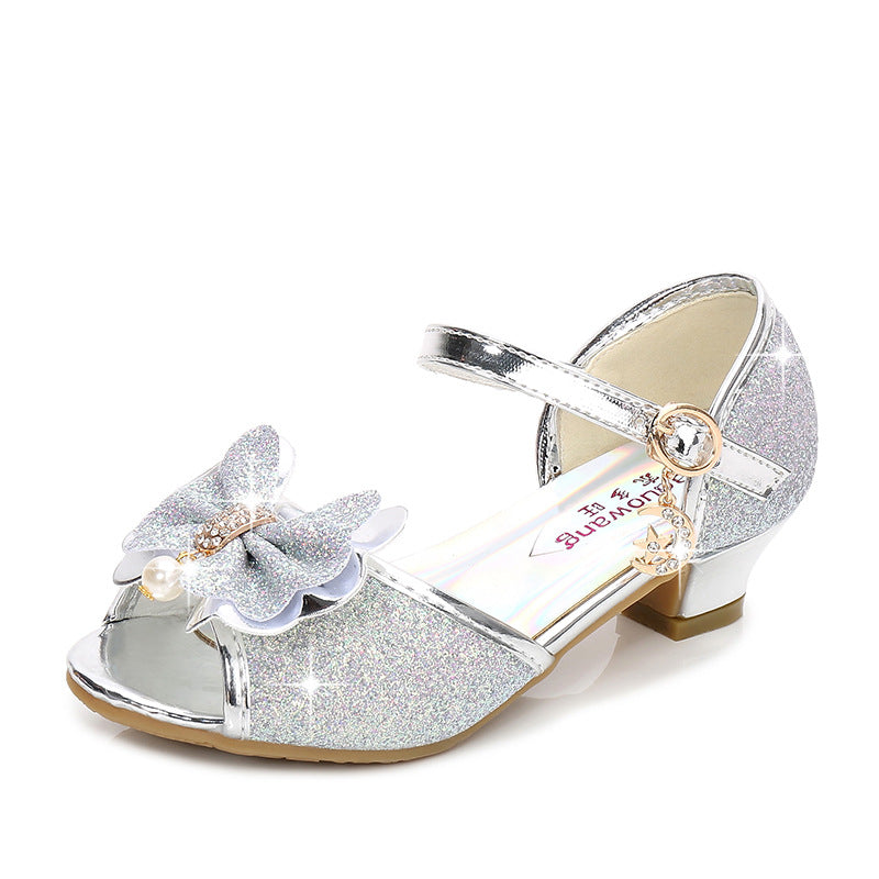 Children Fashion Sequins Princess Sandals Kids Girls Wedding Bowtie High Heels Dress Shoes Girls Birthday Party Dancing Shoes