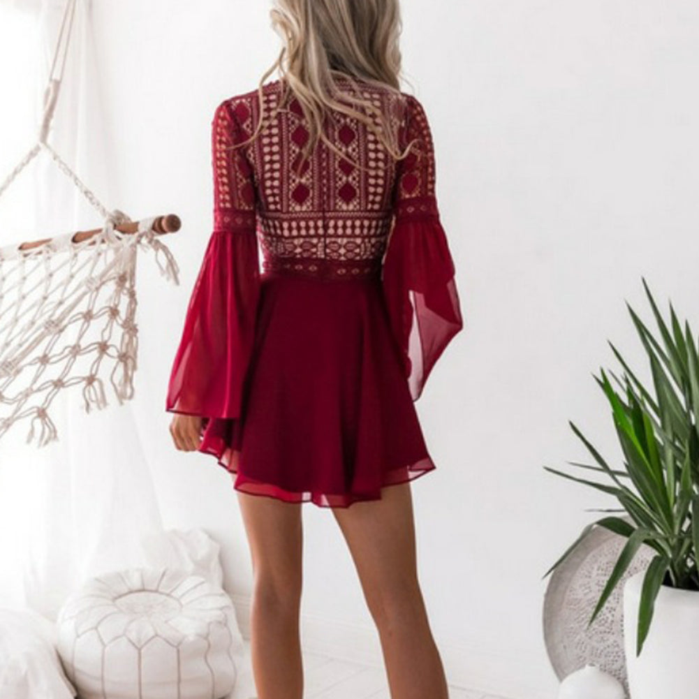 Sexy V Neck Women's Spring Summer Dress Long Flared Sleeve Mini Dress Crochet Hollow out Sexy Chiffon Bandage Mini Dress 2020