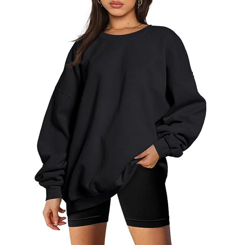 Women Sweatshirt Round Neck Pure Color Pullover Long Sleeve Sports Hoodies Loose Tops Slim Fit Office Lady Autumn Casual