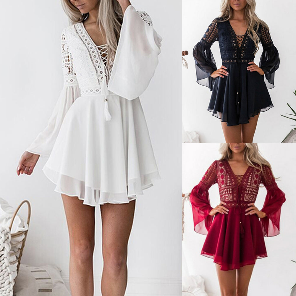 Sexy V Neck Women's Spring Summer Dress Long Flared Sleeve Mini Dress Crochet Hollow out Sexy Chiffon Bandage Mini Dress 2020