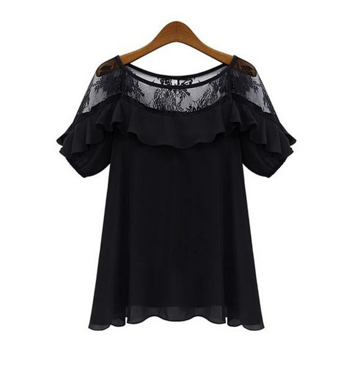 USA SIZE Women's large size chiffon shirt loose hollow sexy short-sleeved shirt shirt