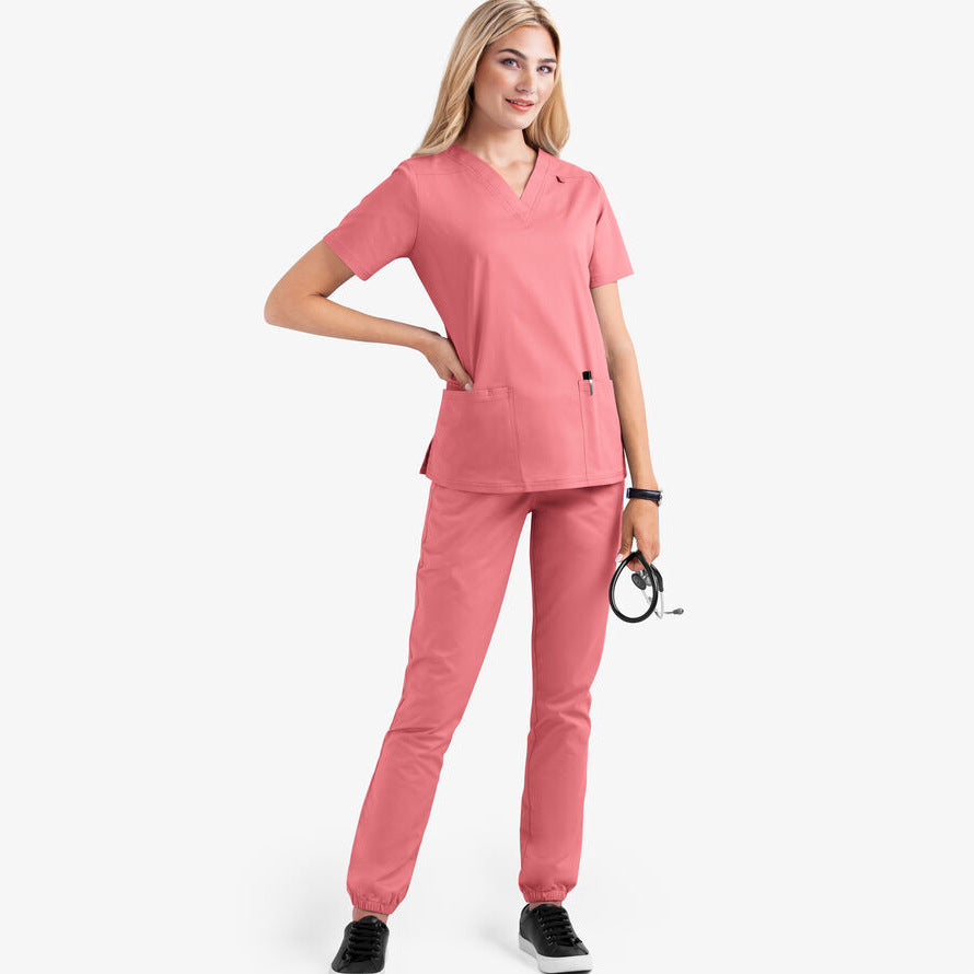 2023 European and American new style solid color pocket V-neck nursing work uniform nurse clothes two-piece suit women's short sleeve