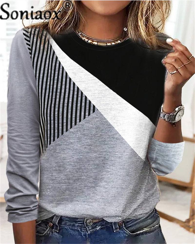 2022 Autumn New Colour Blocked Stripe Print Women's Tops Fashion Round Neck Long Sleeve Streetwear Casual Versatile T-shirt 5XL
