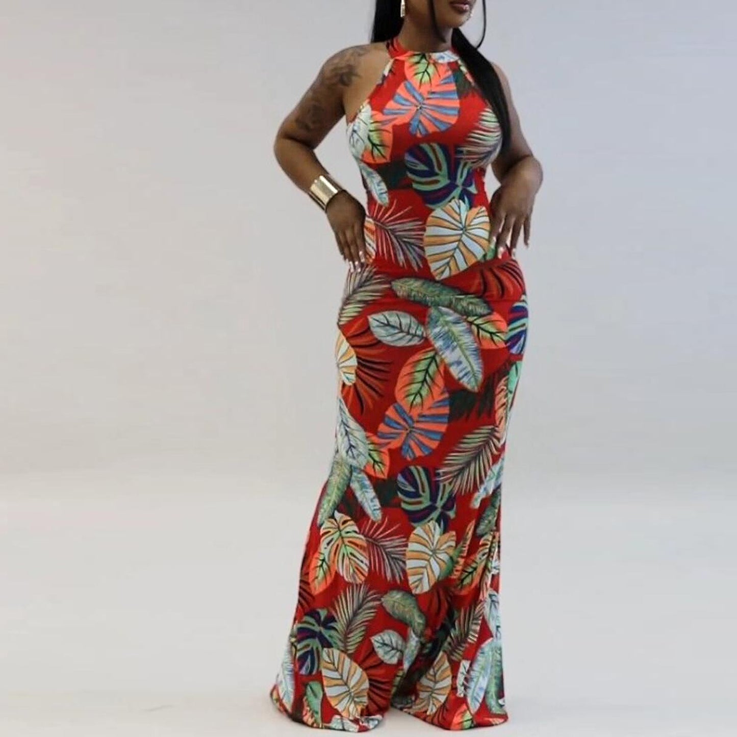 Women's Large Size Round Neck Hip Cover Dress Printed Sleeveless Micro-Boom Hollow Sexy Back