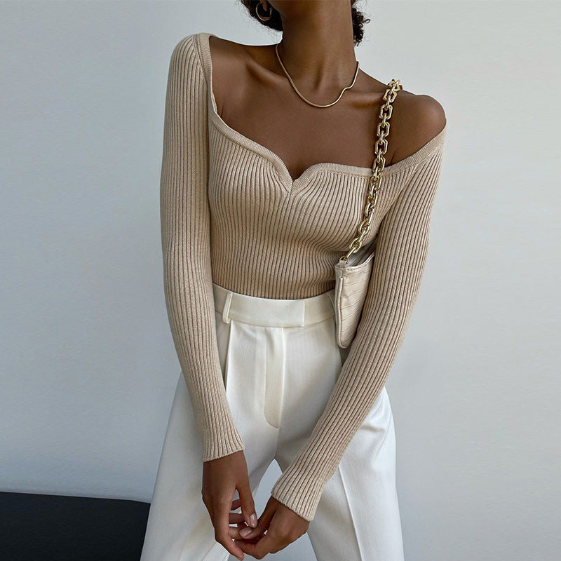 Women's T-shirt Long-sleeved Square Collar Tight-fitting Knitted Sweater Women's Autumn and Winter New Solid Color Bottoming Shirt Top for Commuting, Daily, Dating