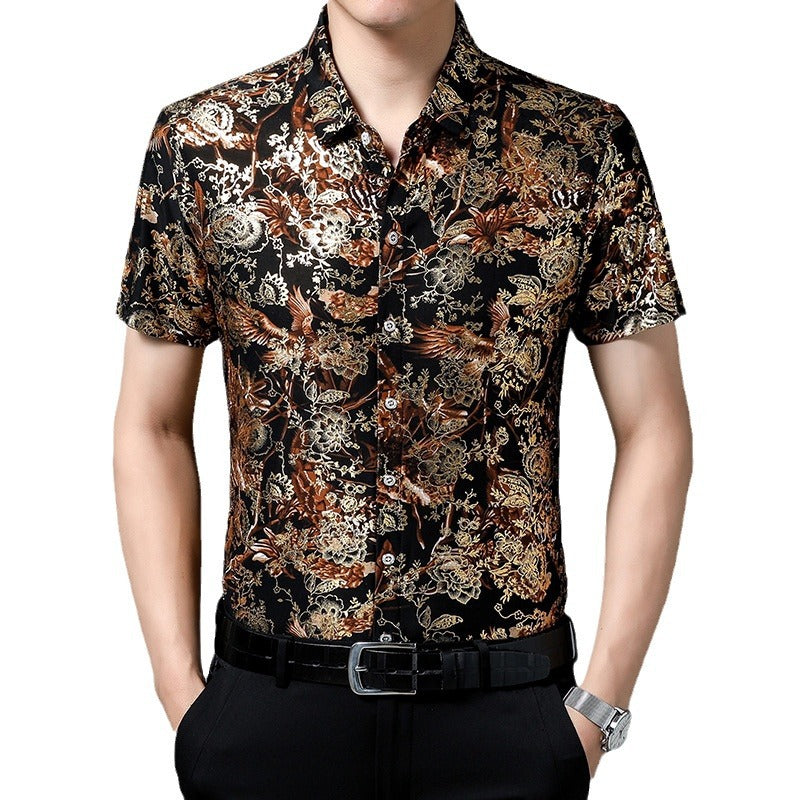 Men's Short-sleeved Shirt Summer Fashion Casual Bronzing Short Flower Shirt Floral Non-ironing Men's Half-sleeved Fashion Short T