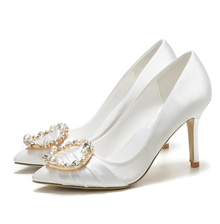 2023 New White High Heels Women's Pearl Rhinestone Large Size Wedding Shoes Dress Bridesmaid Shoes Bride Satin Wedding Shoes