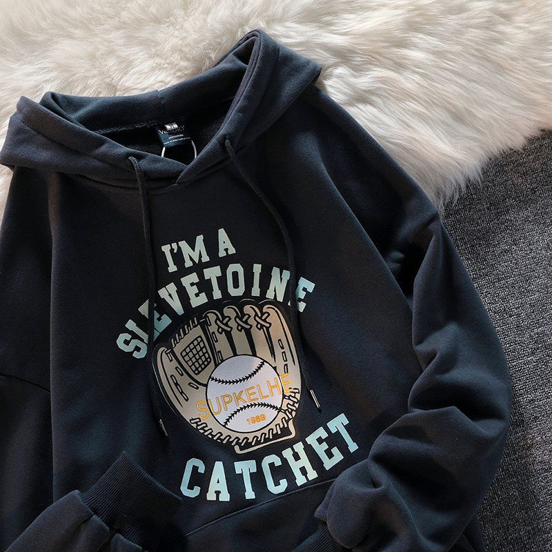 Dark green American baseball gloves printed Hoodie youth fashion Sweatshirt fall Vintage men's and women's loose Hoodie