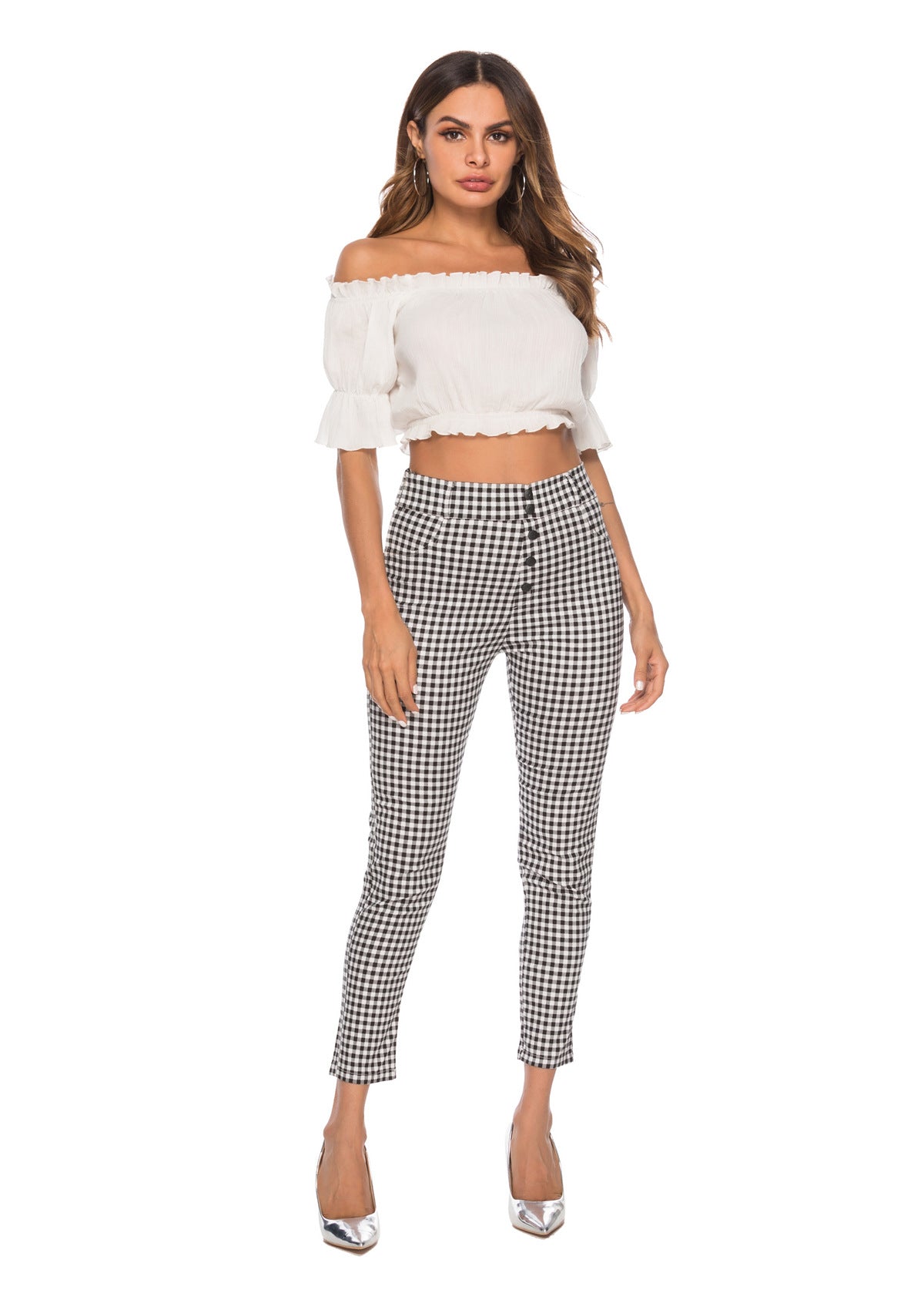 High waist plaid slim pencil feet