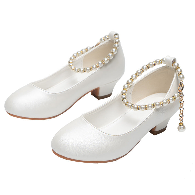 Girls High-heeled Leather Shoes Spring Children Middle-aged White Wedding Host Show Princess Dress Shoes