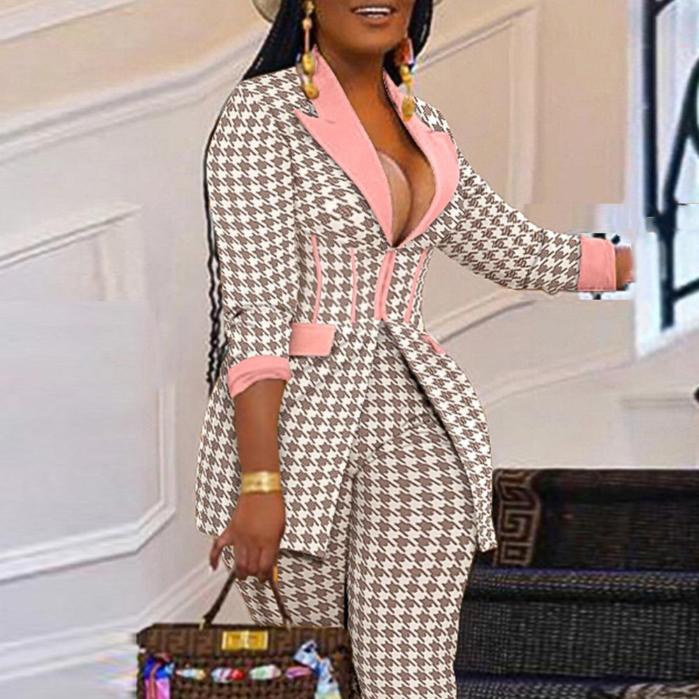 Plus Size Houndstooth Blazer Pants Set Women Pants Blazers Tops Pencil Pants Two-Piece Office Lady Fashion Outfits Autumn