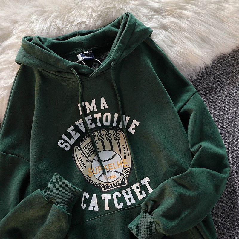 Dark green American baseball gloves printed Hoodie youth fashion Sweatshirt fall Vintage men's and women's loose Hoodie