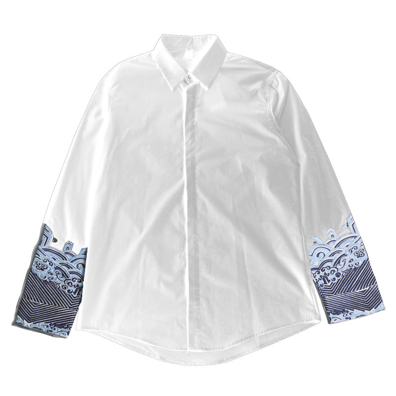 Spring and summer Chinese style embroidered thorn men's plus-size fat casual Tang style retro long-sleeved shirt undershirt youth, Chinese style embroidered thorn shirt, Tang style shirt, undershirt, shirt