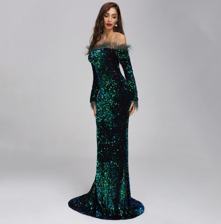 Feather sequins long evening dress