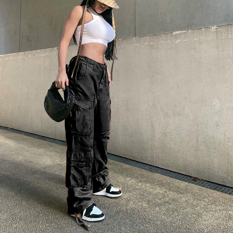 Black Flap Pockets Cargo Pants Loose Fit Wide Legs Baggy Straight Jeans Y2K Kpop Vintage Style Women's Denim Jeans & Clothing