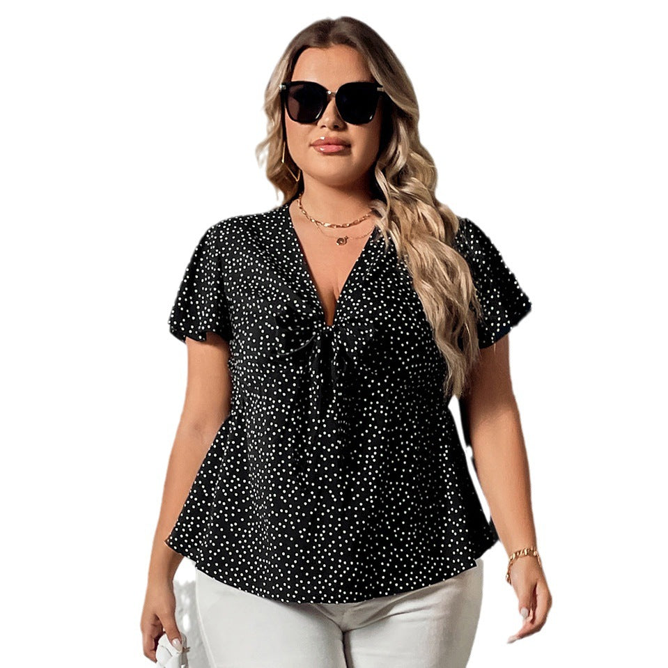 Cross-feeding source 2020 Europe and large size women's red polka dot round neck sleeves slim shirt with belt