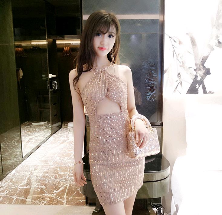 2020 summer women's dress new sexy nightclub hollow bag hip bronzing hanging neck dress