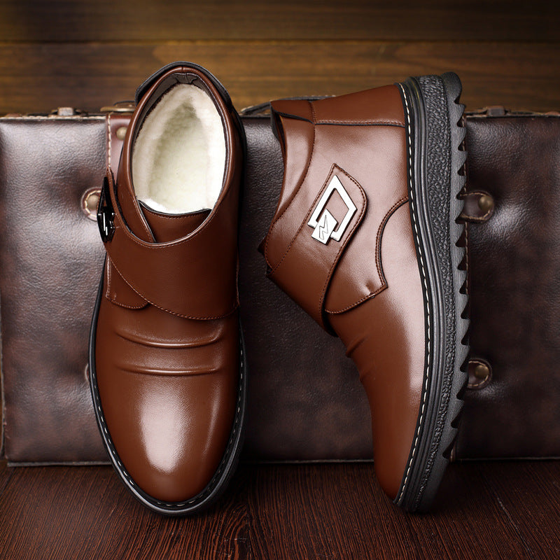 Winter men cotton shoes genuine leather waterproof men's shoes middle-aged and elderly business plus velvet thick high top cotton boots dad leather shoes men