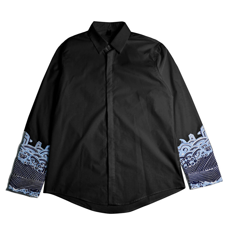 Spring and summer Chinese style embroidered thorn men's plus-size fat casual Tang style retro long-sleeved shirt undershirt youth, Chinese style embroidered thorn shirt, Tang style shirt, undershirt, shirt
