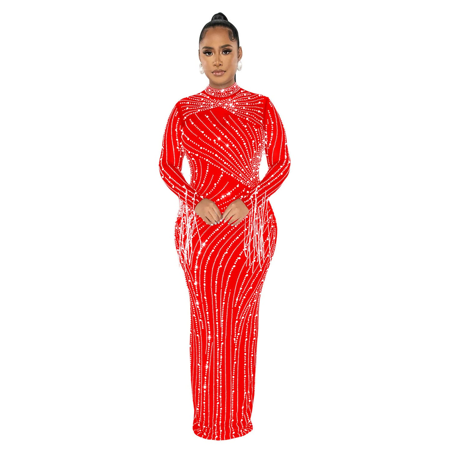 Women's Mesh See-through Rhinestone Long Sleeve Dress Lining Two-piece Set