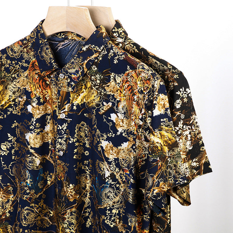 Men's Short-sleeved Shirt Summer Fashion Casual Bronzing Short Flower Shirt Floral Non-ironing Men's Half-sleeved Fashion Short T