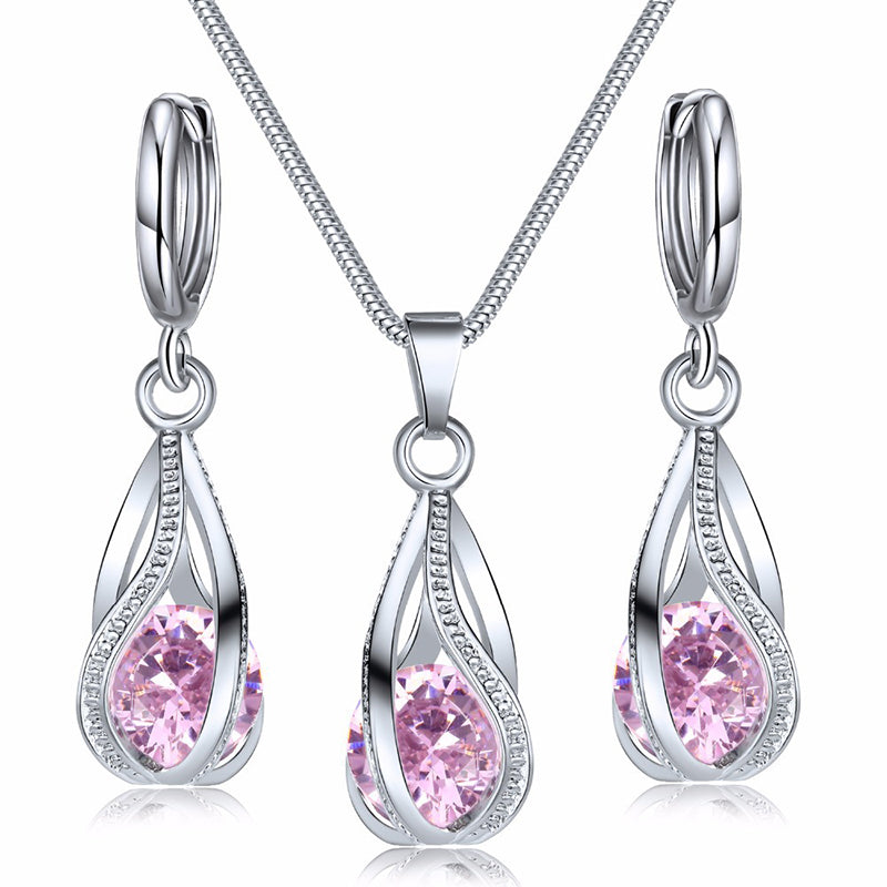 Obega Cubic Zirconia Necklace Set Lantern Design Multi Color Stone Pendant Necklace Drop Earrings Copper Material Rhodium Plated