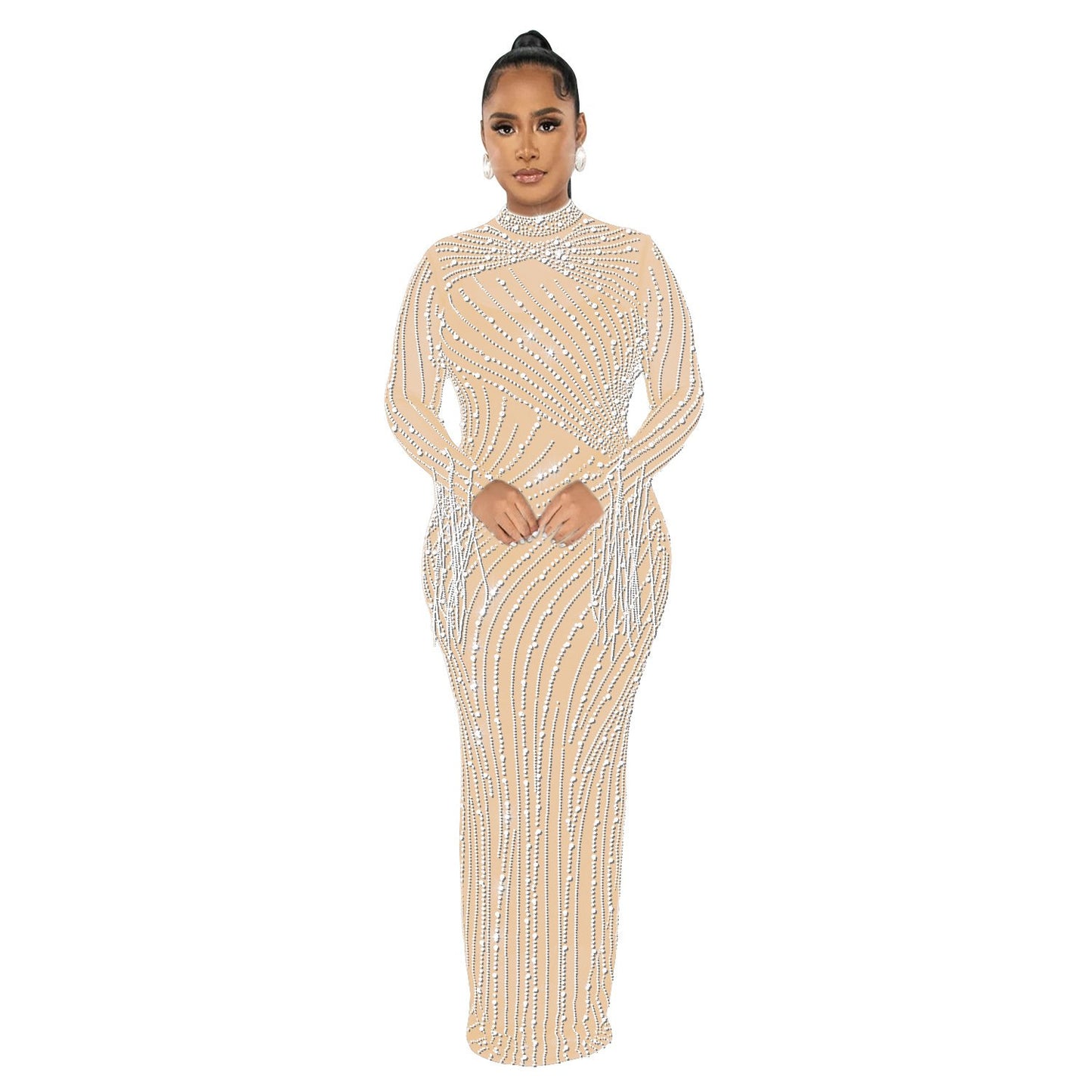 Women's Mesh See-through Rhinestone Long Sleeve Dress Lining Two-piece Set