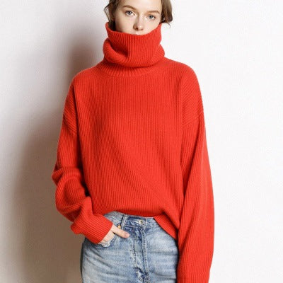 Autumn and winter European and American women's sweater high collar solid color cashmere sweater thick pullover loose lazy style base knitted sweater, base knitted sweater, sweater