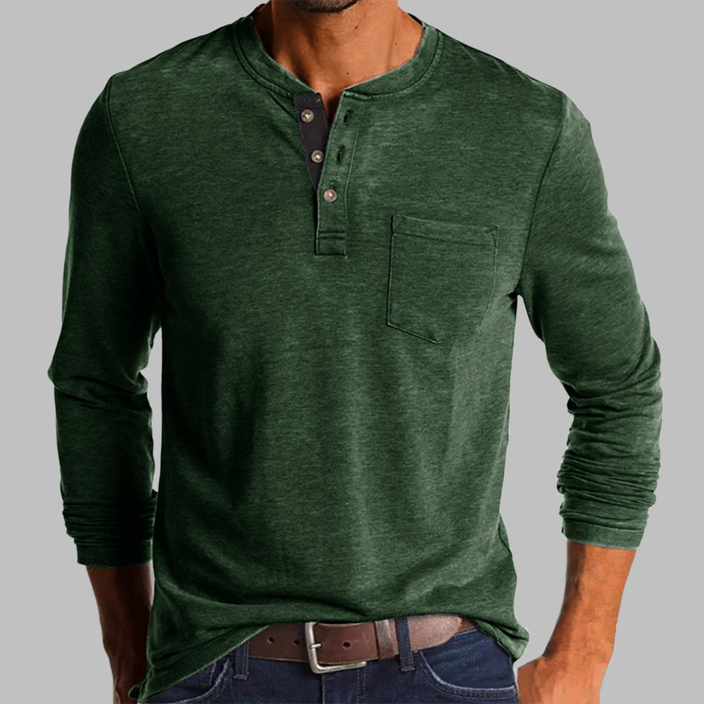 Spring/Fall New Trend T-shirt Men Elegant Fashion Button Half Open Collar Solid Color Long Sleeve Pocket Top Men Commuter Shirts