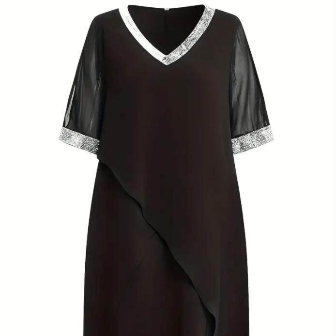 Women's Large Size Dress Summer New Dress Solid Color Ribbon V-neck Irregular Temperament Chiffon Waist Waist Swing Skirt Dress
