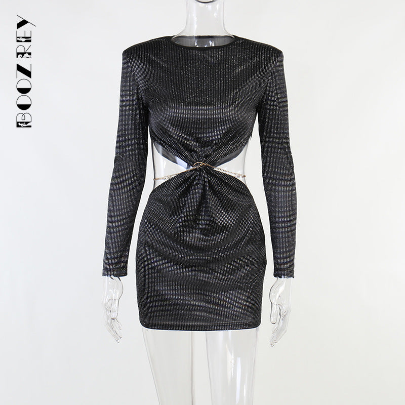 BoozRey Black Sexy Hollow Out Mini Wrap Dress for Women Summer Rave Festival Outfits Shoulder Pads Long Sleeves Skinny Dresses