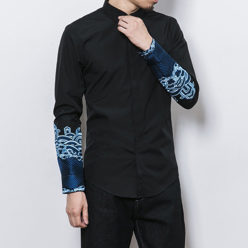 Spring and summer Chinese style embroidered thorn men's plus-size fat casual Tang style retro long-sleeved shirt undershirt youth, Chinese style embroidered thorn shirt, Tang style shirt, undershirt, shirt