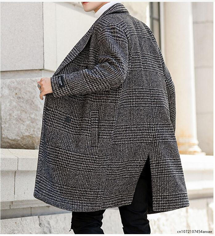 Fashion Men Coat Autumn Winter New Fashion Plaid Double Breasted Lapel Coat Mid-long Coat Men Chic Wool Blends Winter Coat Men